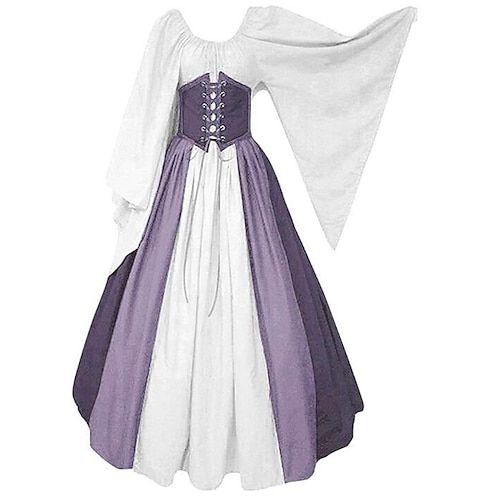 a white and purple dress with long sleeves