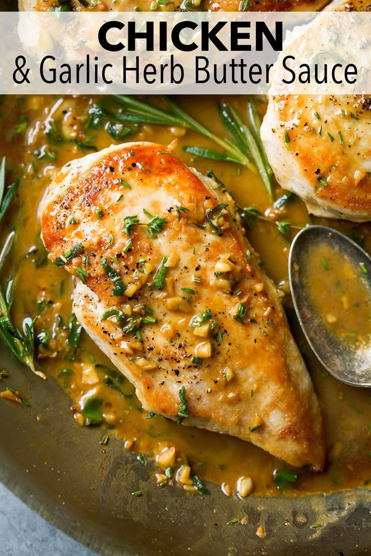 Chicken with Garlic Herb Butter Sauce - a super quick and easy pan seared chicken topped with a rich and flavorful garlic and herb pan sauce that's sure to please! A perfect chicken recipe for busy weeknights. | Chicken Dinner | Chicken Recipes | Weeknight Meals | #chickenrecipe #chicken #dinner #cookingclassy Garlic Herb Sauce Recipe, Garlic Herb Butter Sauce, Pan Sauce For Chicken, Skillet Chicken Recipes Easy, Herb Butter Sauce, Chicken With Garlic, Chicken Shawarma Recipe, Chicken Skillet Recipes, Pan Sauce