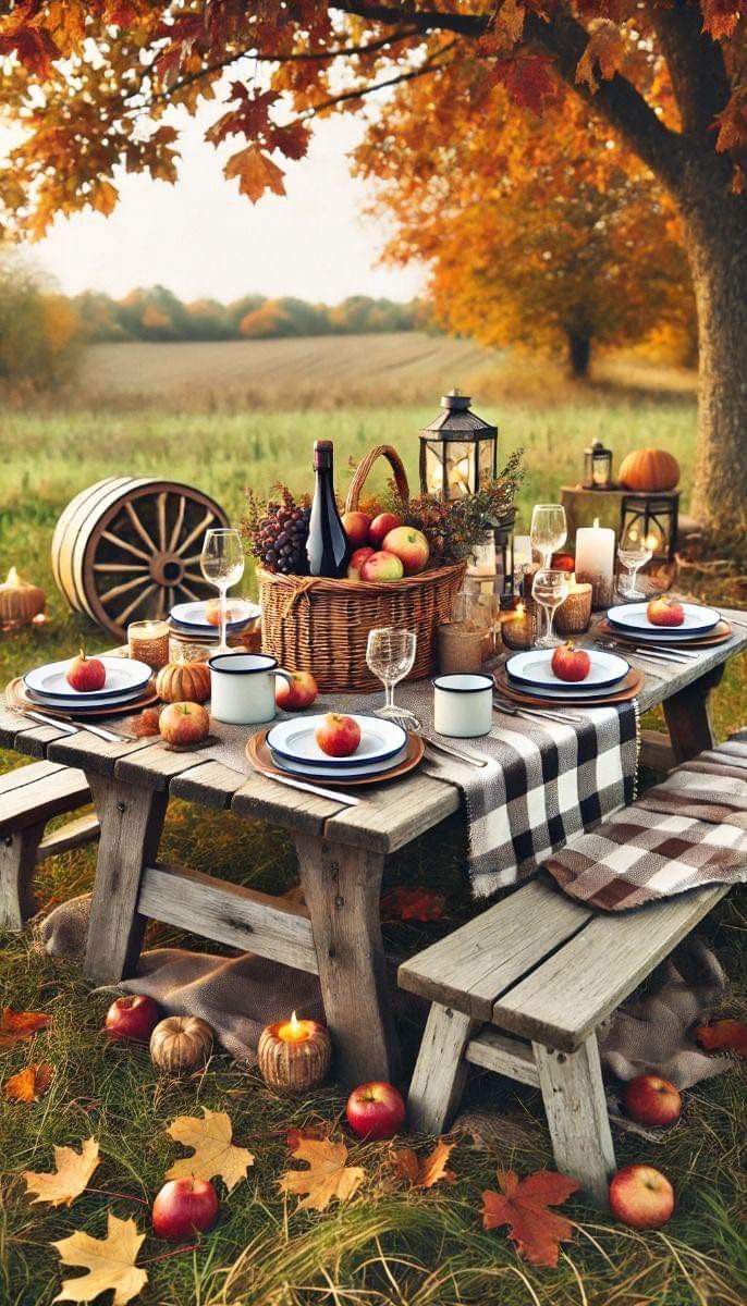 a picnic table set up with apples, cheese and wine on it in the fall