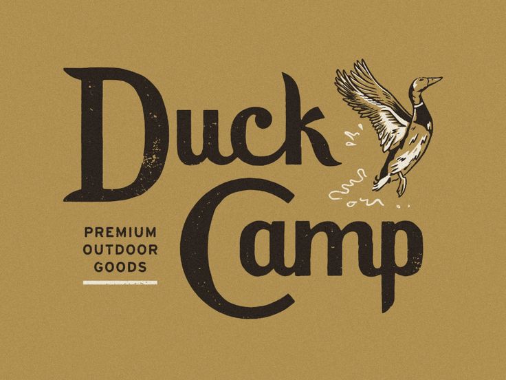 the duck camp logo is shown in black and white on a tan background with an image of a bird flying over it