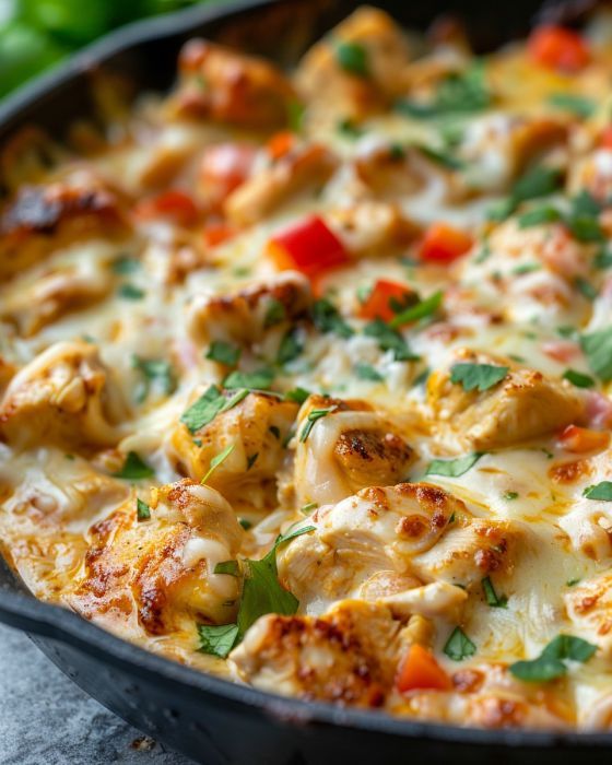 a casserole dish with chicken, cheese and vegetables in it on a table