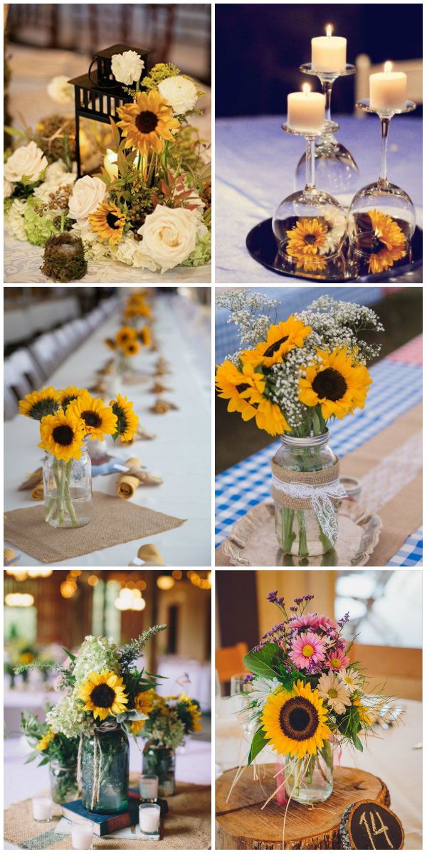 sunflowers and other flowers are arranged in vases on the table with candles