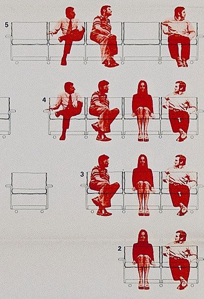 an image of people sitting on benches in different positions and sizes, all with red ink