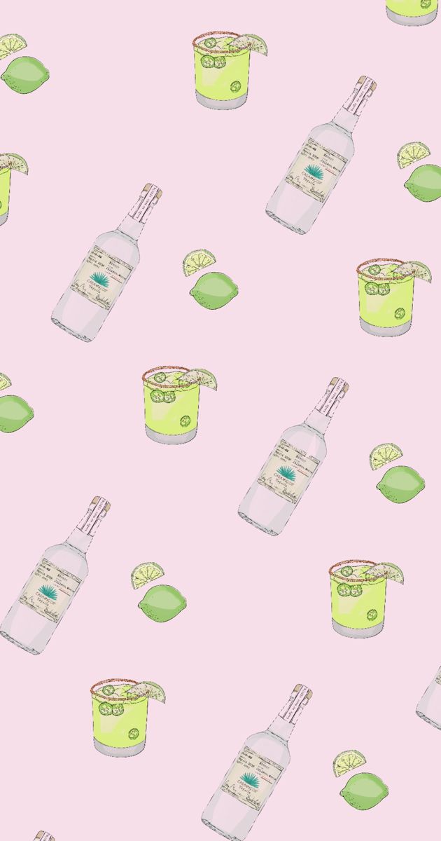 a pink background with limes and bottles