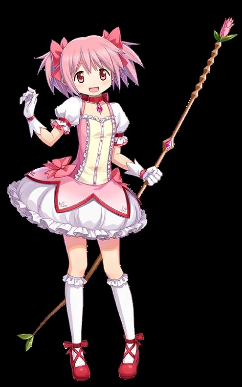 an anime character with pink hair and white dress holding a stick in one hand while standing on