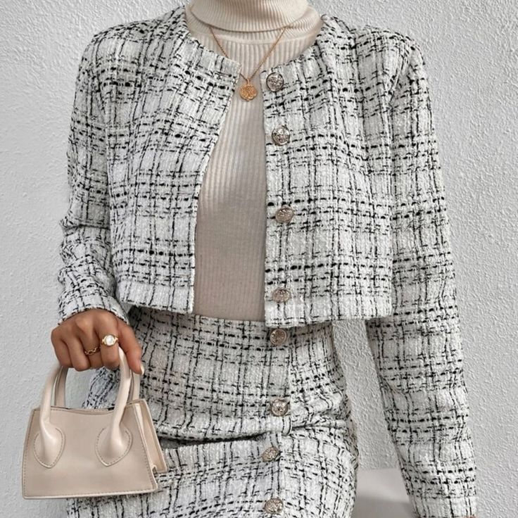 Plaid Pattern Crop Tweed Jacket & Button Front Skirt Just As Pictured New! Never Worn Too Small For Me And Cannot Return Tweed Outfit, Blazer And Skirt Set, Button Front Skirt, Rock Outfit, Blazer And Skirt, Plaid Skirt, Plaid Jacket, Long Sleeves Jacket, How To Look Classy