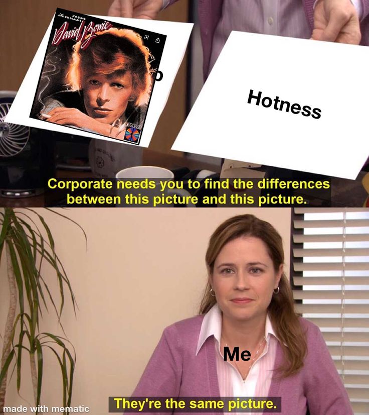 a woman sitting in front of a desk with two pictures on top of her head