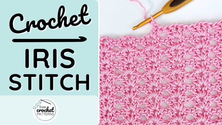 the crochet iris stitch pattern is shown in pink and white with text that reads,