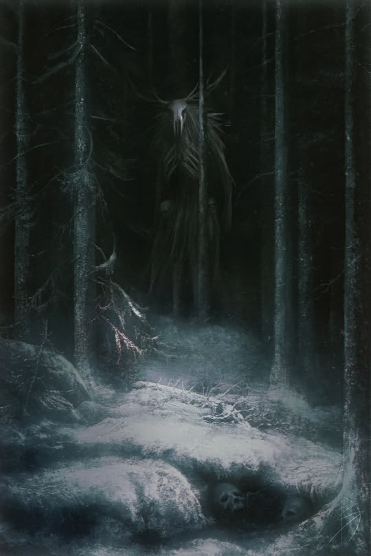 a creepy looking creature in the middle of a dark forest with snow on the ground