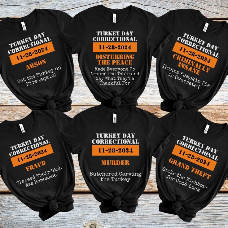 🎄 HOLIDAY SHIPPING NOTICE 🎄 Orders placed now cannot be guaranteed to arrive in time for Christmas. Please note that shipping/delivery times are estimates, and we are not responsible for delays by postal or shipping carriers. 🦃 Get your crew in on the fun with our Turkey Day Correctional shirts, featuring hilarious 'crimes' that will have everyone at the Thanksgiving table laughing. Perfect for family gatherings, Friendsgiving, or any turkey-loving troublemakers, these shirts add a playful tw Family Matching Thanksgiving Shirt, Fun Family Thanksgiving Shirts, Thanksgiving Family Shirts Ideas, Funny Family Thanksgiving Shirts, Thanksgiving Shirt Ideas For Family, Thanksgiving Shirts For Family, Friendsgiving Shirts, Thanksgiving Tee Shirts, Avengers Birthday Party Decorations