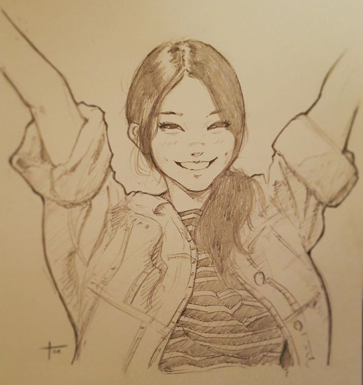 a pencil drawing of a girl with her arms in the air and one hand up