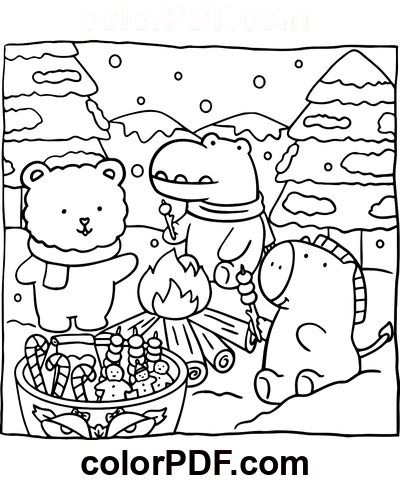 coloring pages for children with cartoon animals and christmas items in the snow, including an ice cream