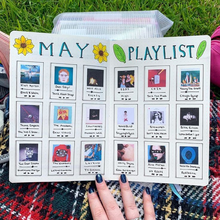 a person holding up a playlist with pictures on it