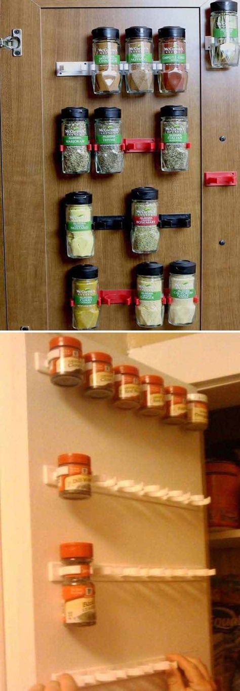 two pictures side by side, one with spices and the other with jars on shelves