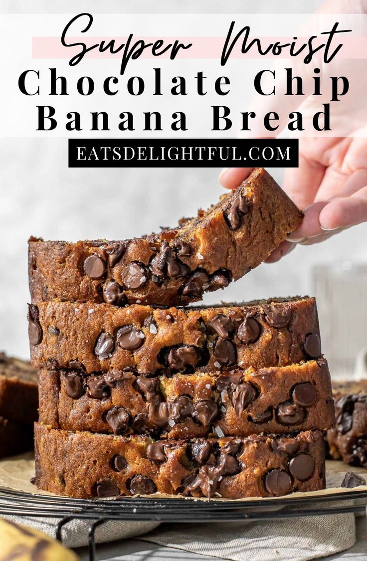 4 slices of chocolate chip banana bread stacked on parchment lined wire rack Bread Breakfast Recipes, Moist Chocolate Chip Banana Bread, Best Chocolate Chip Banana Bread, Chocolate Chip Banana Bread Recipe, Banana Bread Recipe Moist, Chocolate Chip Bread, Moist Banana Bread, Best Chocolate Chip, Easy Banana Bread Recipe