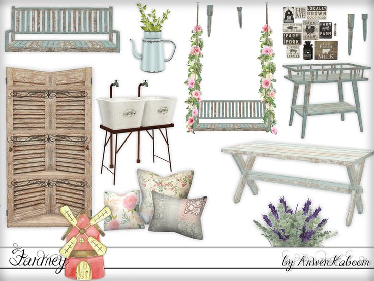 an assortment of furniture and decor in pastel colors