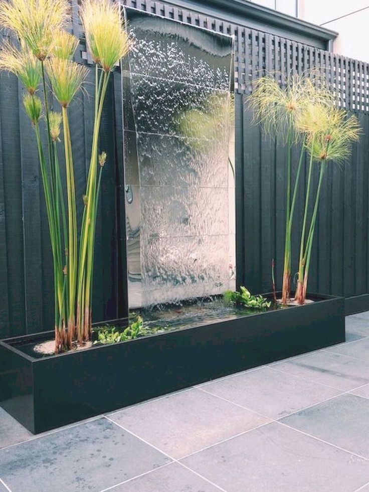 two tall grass plants are in front of a large mirror on the side of a building