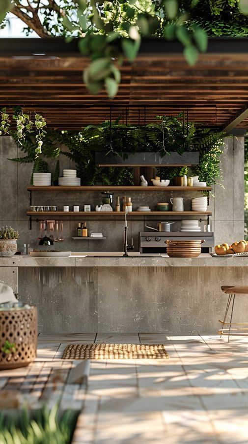 an outdoor kitchen with lots of counter space