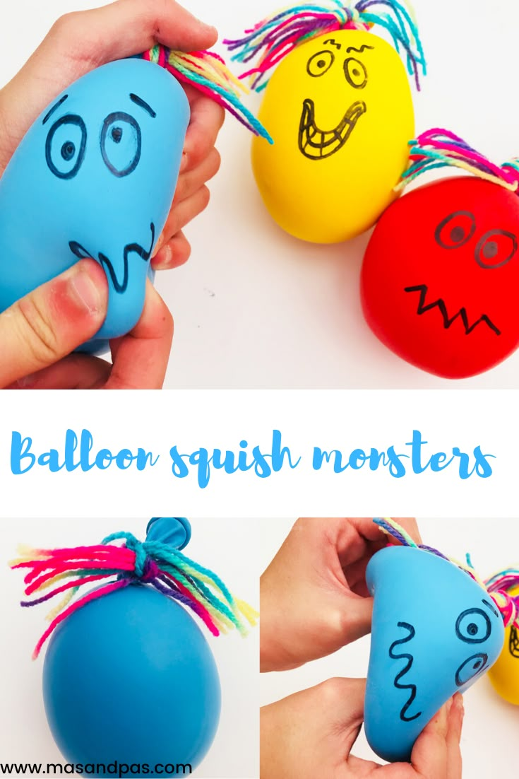 an egg with faces painted on it and the words balloon squish monsters in different colors