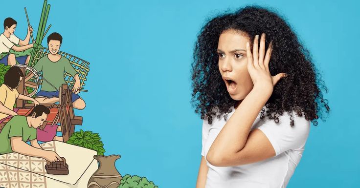 a woman with her hand on her face next to an image of people in the background