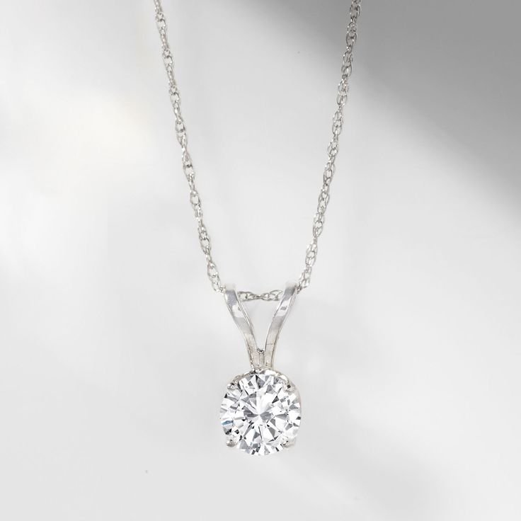 Ross-Simons - .75 Carat Diamond Solitaire Necklace in 14kt White Gold. 16". Oh, the beauty of a .75 carat round brilliant-cut diamond solitaire! An incredible statement without saying a word, this gorgeous necklace includes a 14kt white gold rope chain with a V-style bale. Springring clasp, diamond solitaire necklace. Diamond birthstones are the perfect gift for April birthdays. Solitaire Necklace Diamond, April Birthday, Solitaire Necklace, Diamond Birthstone, Gold Rope Chains, Diamond Solitaire Necklace, Necklace Diamond, Solitaire Necklaces, Gorgeous Necklaces