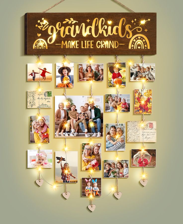 a family photo collage hanging on a string with lights