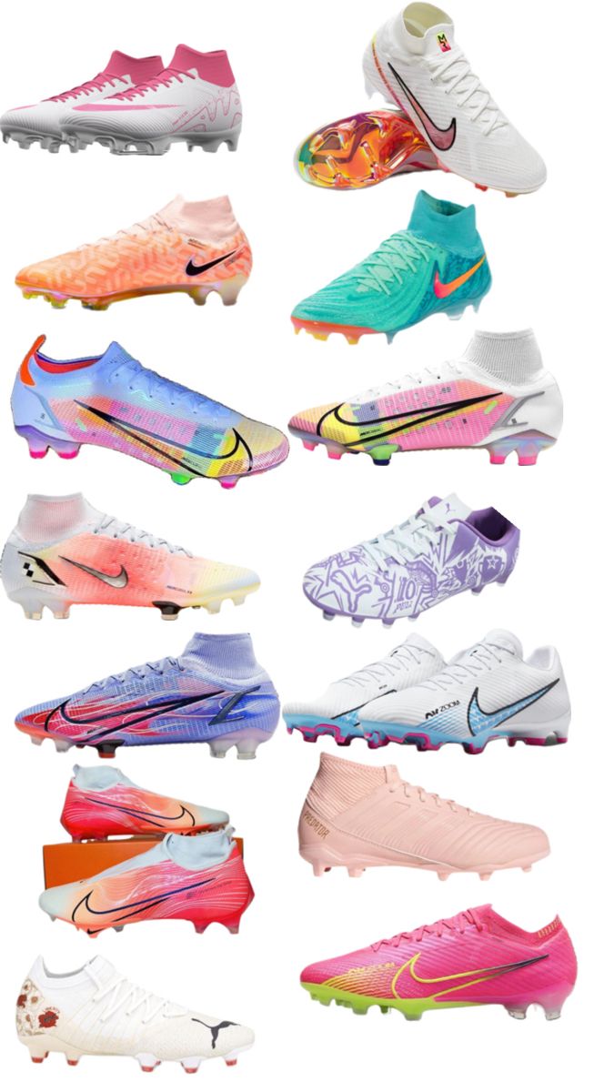 many different types of soccer shoes are shown in an image with the same color scheme