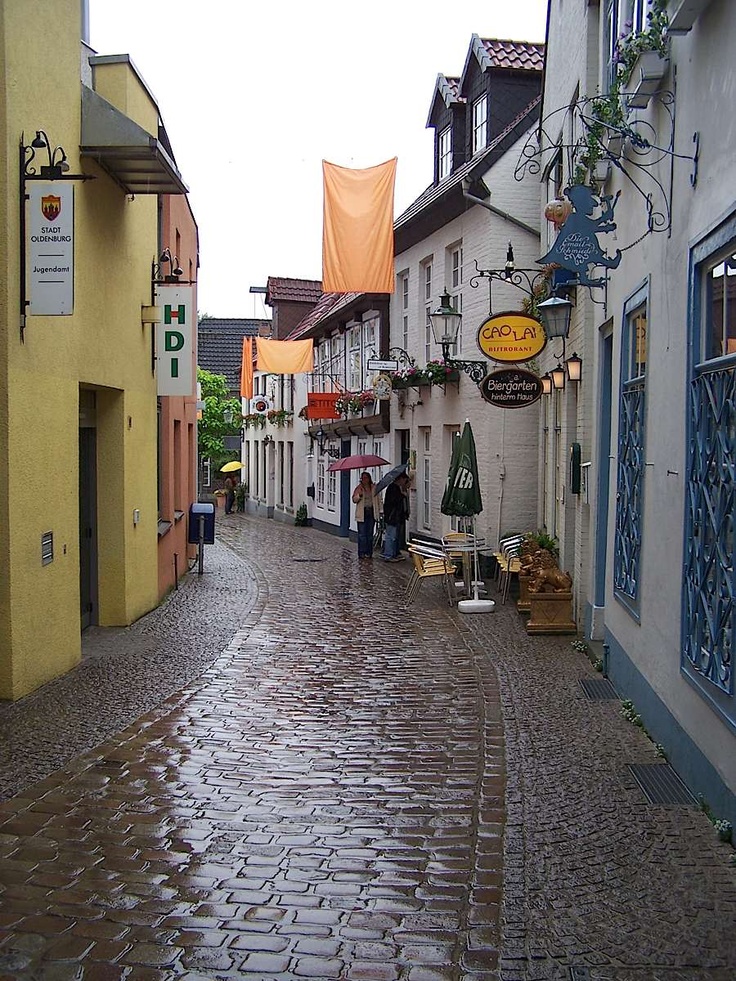 a cobblestone street with shops and people walking on the sidewalk in the rain