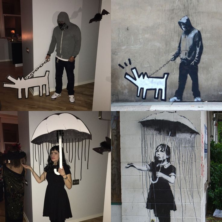 four different pictures of people with umbrellas in the rain and one has a dog on it