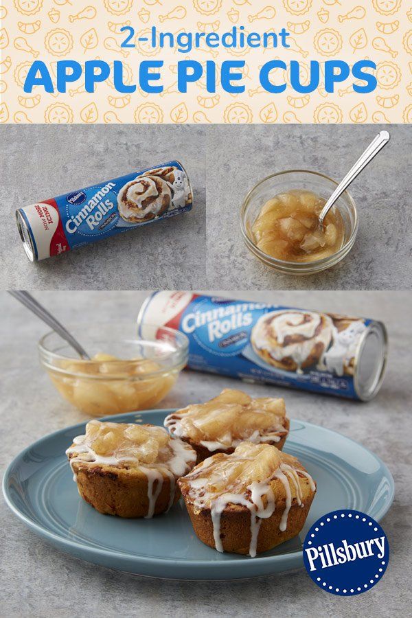 apple pie cups on a blue plate with cinnamon rolls in the background and an empty cup next to them