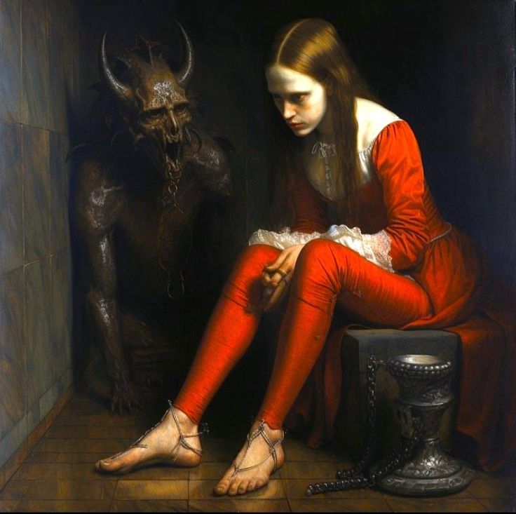 a painting of a woman sitting in front of a demon with her foot on the ground