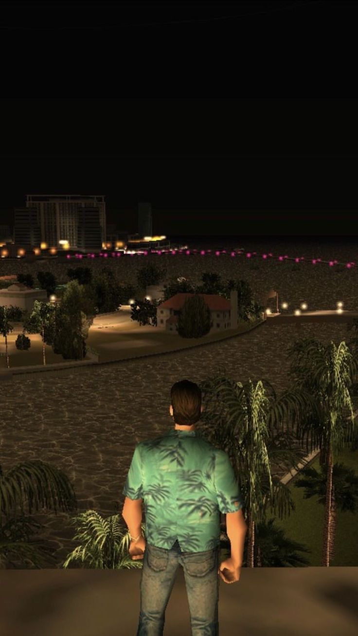 the man is standing in front of some palm trees and looking at the city lights