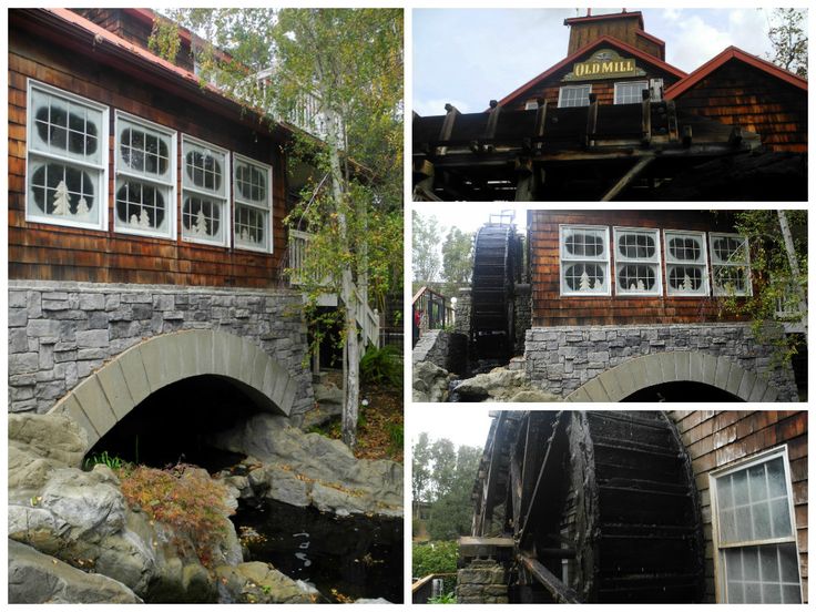 four different views of a house with a bridge and stream in the foreground, along with several other images of it