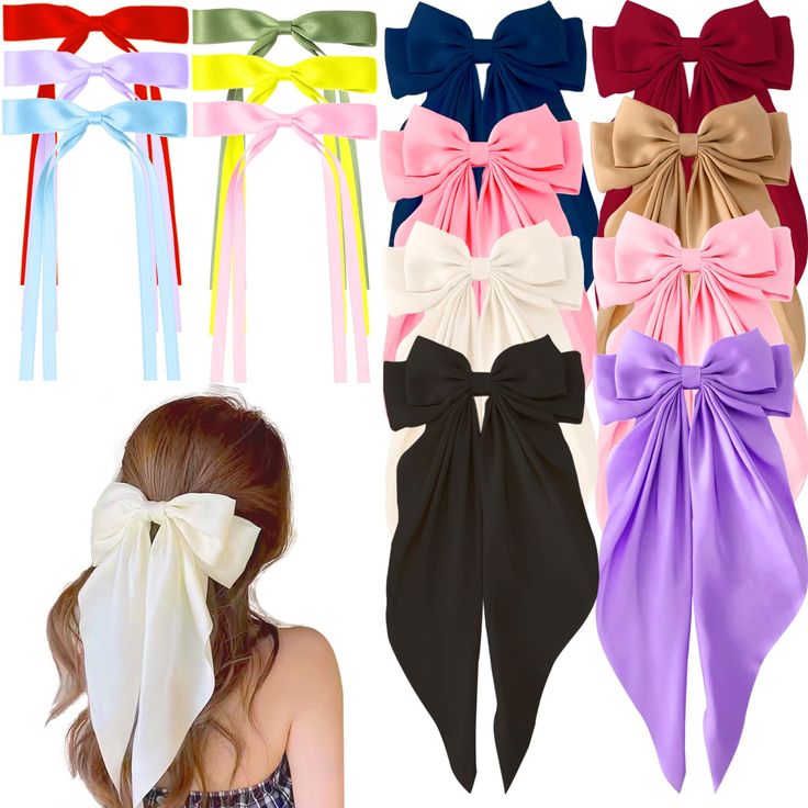 PRICES MAY VARY. Assorted 14 Hair Bows for Women Clip: We have the trendy colors of black, white, red, pink, yellow, navy, khaki, purple, etc. All vibrant as the picture shows. Why choose us? We have the best selection of hair bows sets to match all your outfits Versatile Styling Hair Accessories for Women: Large hair bows feature a classic bowknot design with long tail ribbons, adding a touch of femininity and charm. Wear them with casual and dressy outfits, and you'll get tons of compliments o Hair Bows For Women, Cute Hair Accessories, Big Hair Bows, Large Hair Bows, Coquette Bows, Hair Bow Sets, Bows Hair, Hair Ribbons, Styling Hair