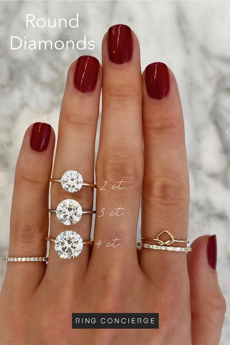 a woman's hand with three different rings on it and the words round diamonds