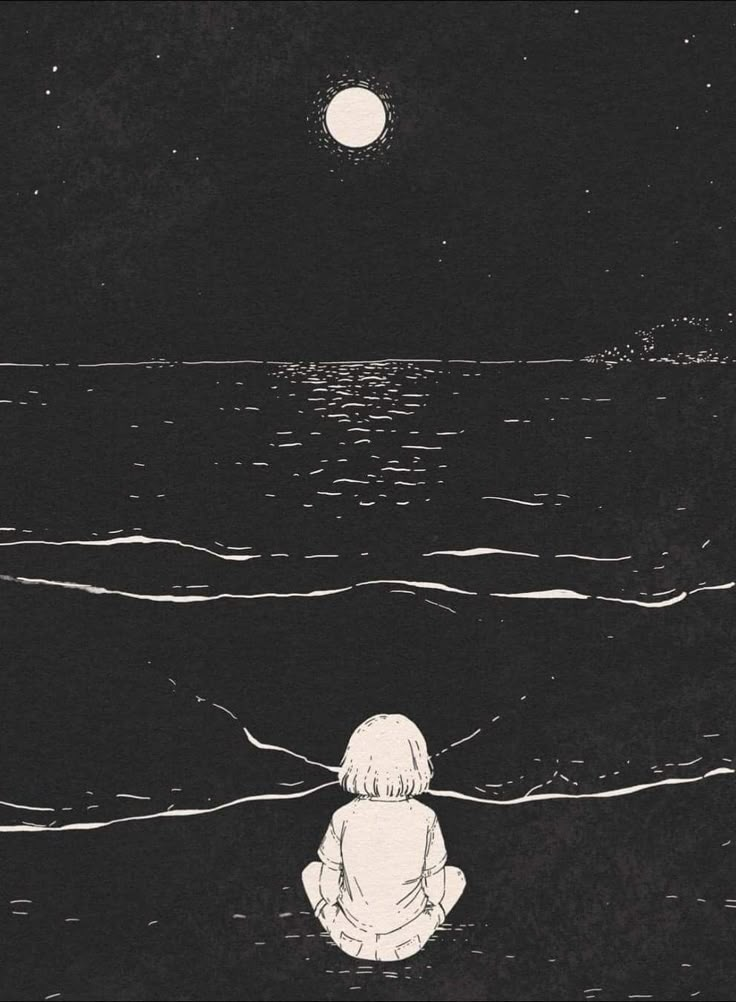 a person sitting in the water at night looking out to the ocean with a full moon above them