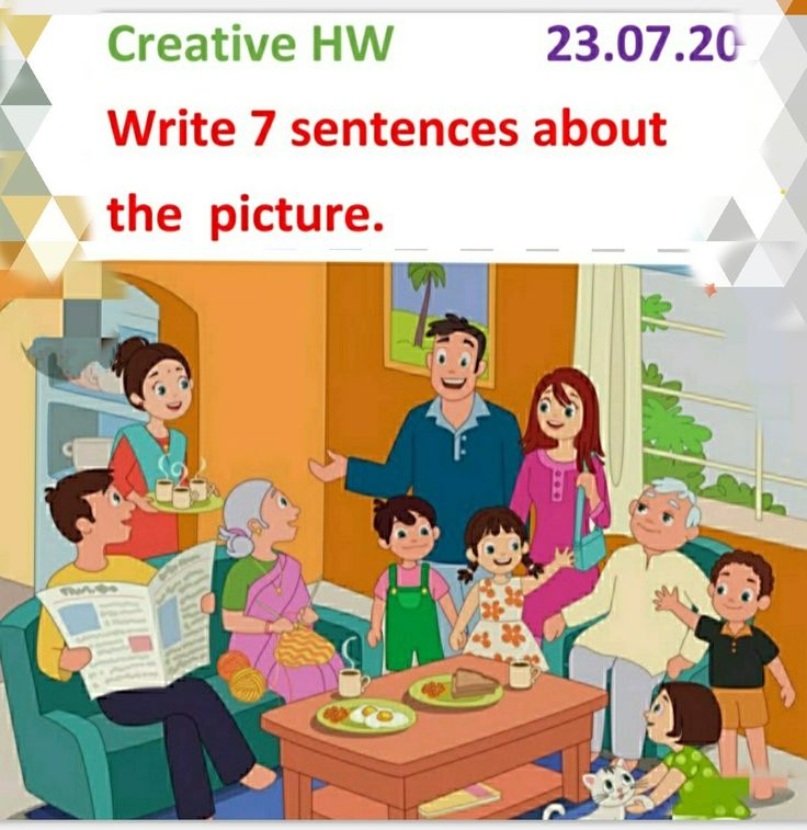 a family is sitting around a table with an open book in front of them and the text creative hw write 7 sentences about the picture