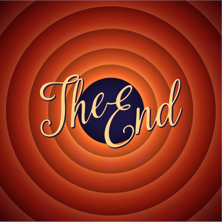 the end written in cursive writing on an orange and black background with swirls