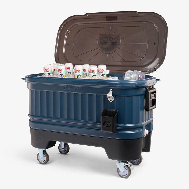 a cooler with drinks in it sitting on wheels