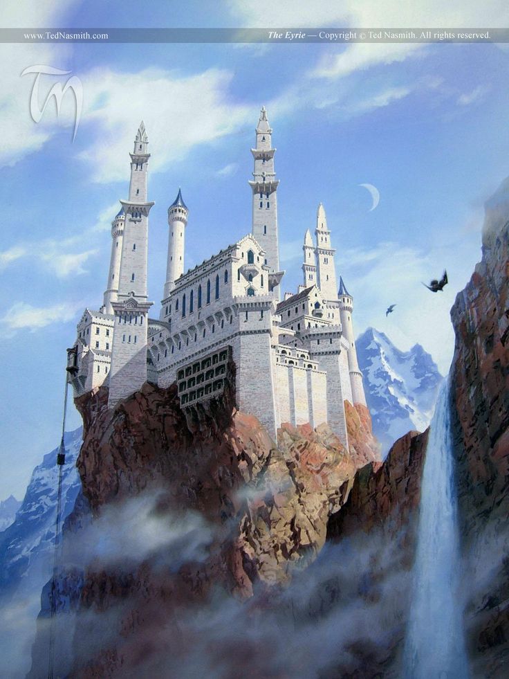 a castle on top of a mountain surrounded by clouds and birds in the sky above it