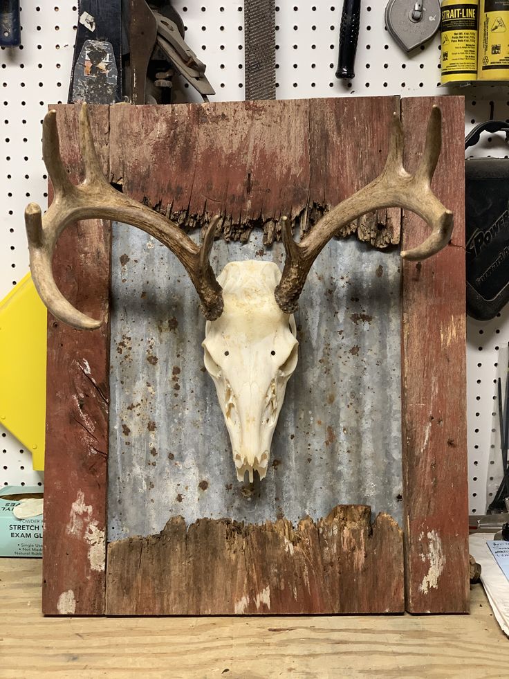 a deer's head is mounted on an old wooden frame