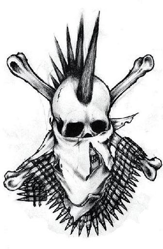 a drawing of a skull with spikes on it's head and crossbones