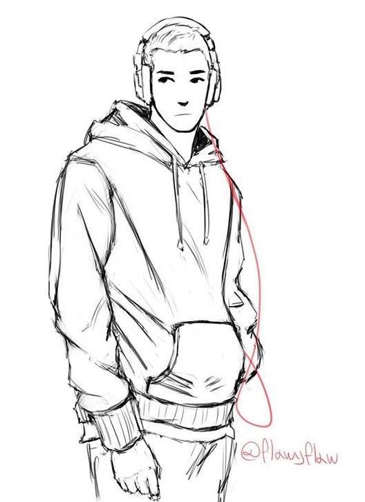 a drawing of a man with headphones in his ears and wearing a hoodie