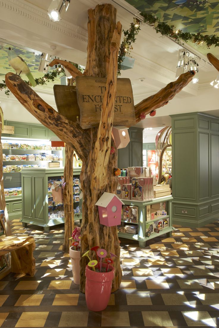 the interior of a toy store with toys on display and decorations hanging from the ceiling