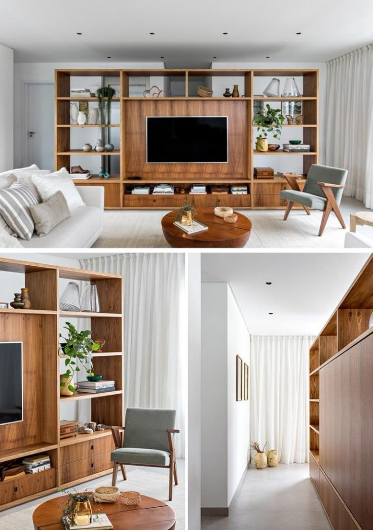 this living room is clean and organized with wood furniture, bookshelves, and white drapes