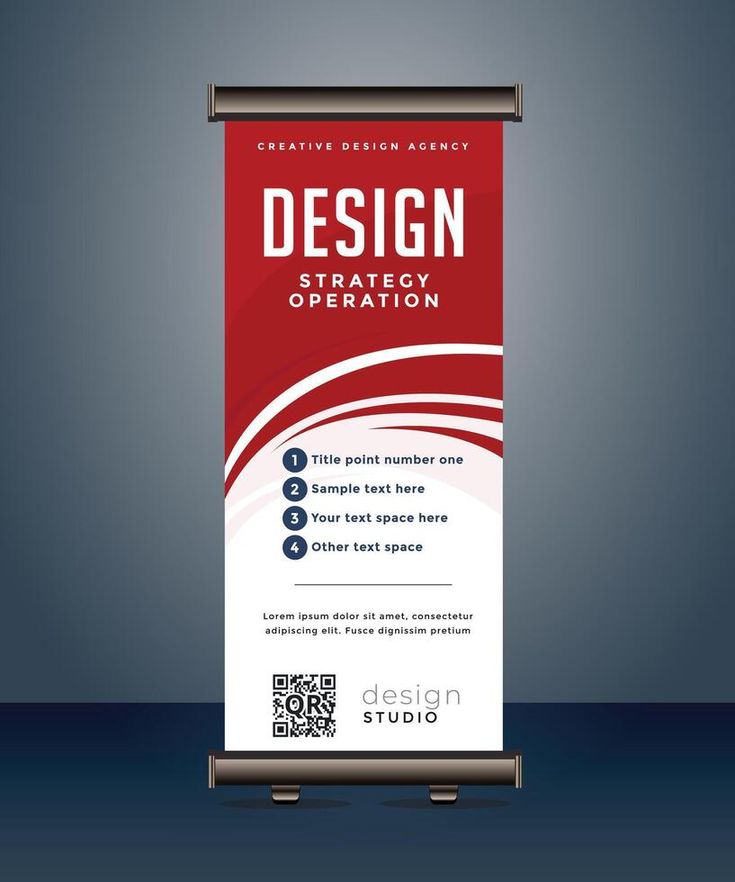 a red and white roll up banner with the words design strategy operation