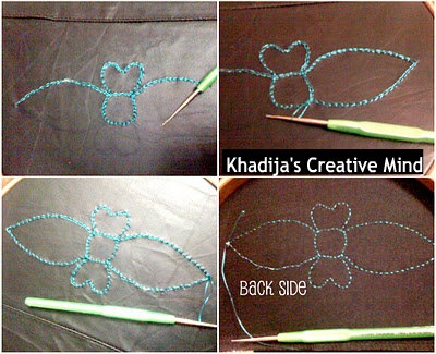 four pictures showing how to make a decorative string art project with beads and crochet hooks