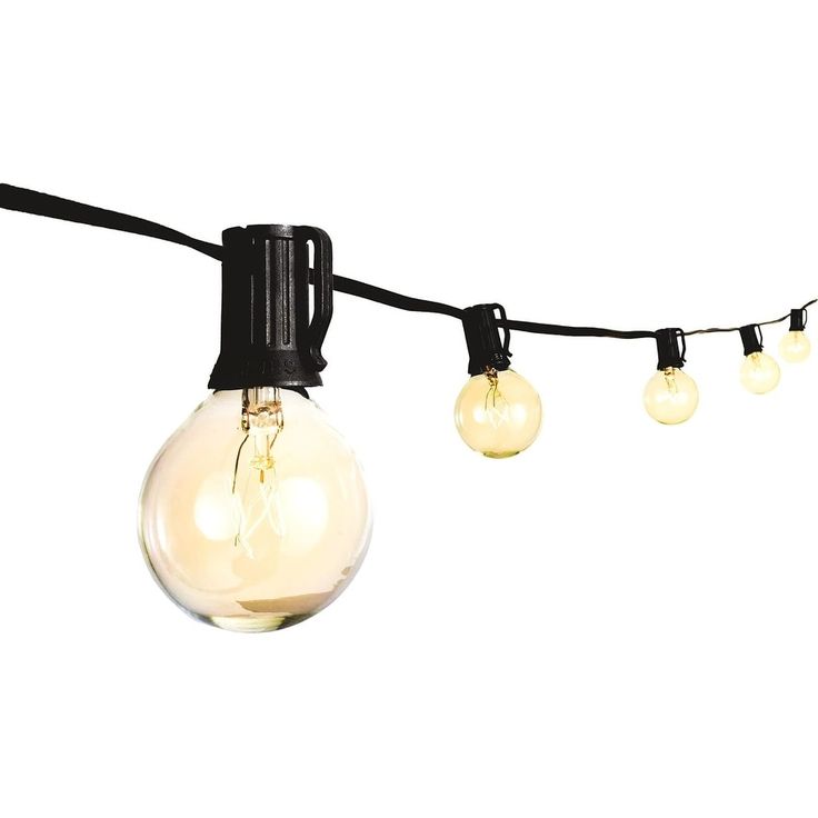 several light bulbs are hanging on a black wire