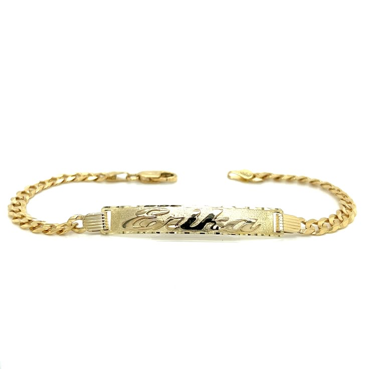 Cherish the Moment with our 14k Yellow Gold Women's Cuban Link ID Bracelet: Crafted in the timeless Solid Cuban Link style, this bracelet is a symbol of Elegance and Love. We believe in the power of personalization. Your chosen name is expertly cut from solid 14k Gold and elegantly overlaid on the bracelet, creating a one-of-a-kind accessory. Additionally, you have the option to engrave a significant date on the back of the nameplate, transforming this bracelet into a cherished keepsake.  Whethe Luxury Adjustable Engraved Bracelets, Id Bracelet Women, 14k Gold Nameplate Bracelets, Classic 14k Gold Name Bracelet For Anniversary, Elegant Formal Chain Bracelet With Nameplate, Adjustable Polished Gold Bracelet Fine Jewelry, Gold Fine Jewelry Bracelet With Polished Finish, Adjustable Gold Bracelet With Polished Finish, Elegant Personalized Gold Bracelet For Formal Occasions