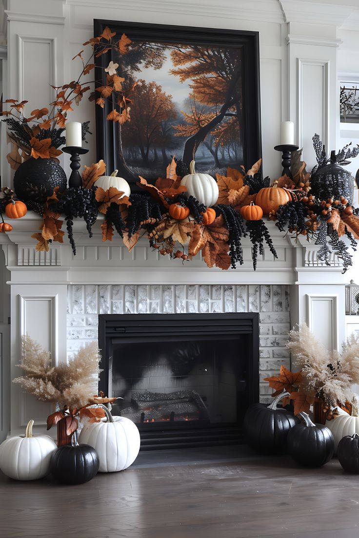 a fireplace decorated for fall with pumpkins and other decorations